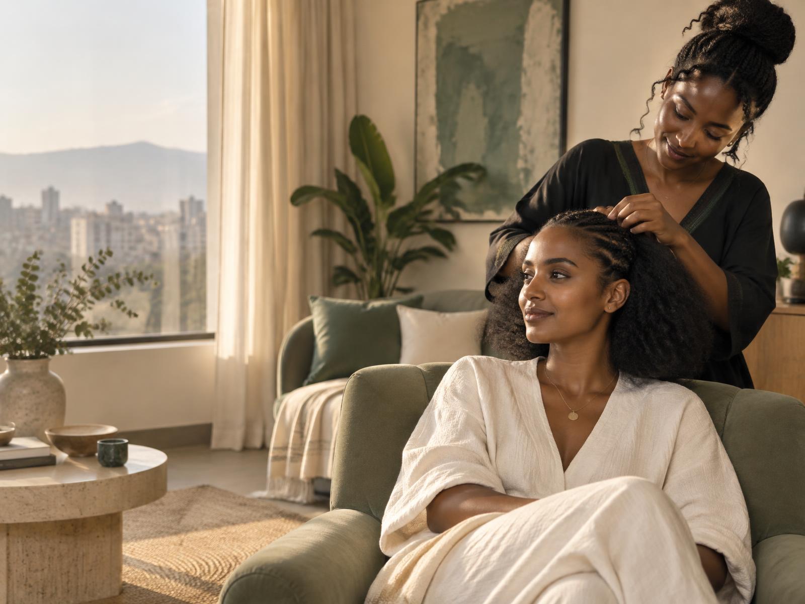 Konjo beauty professional providing an at-home hair service in Addis Ababa